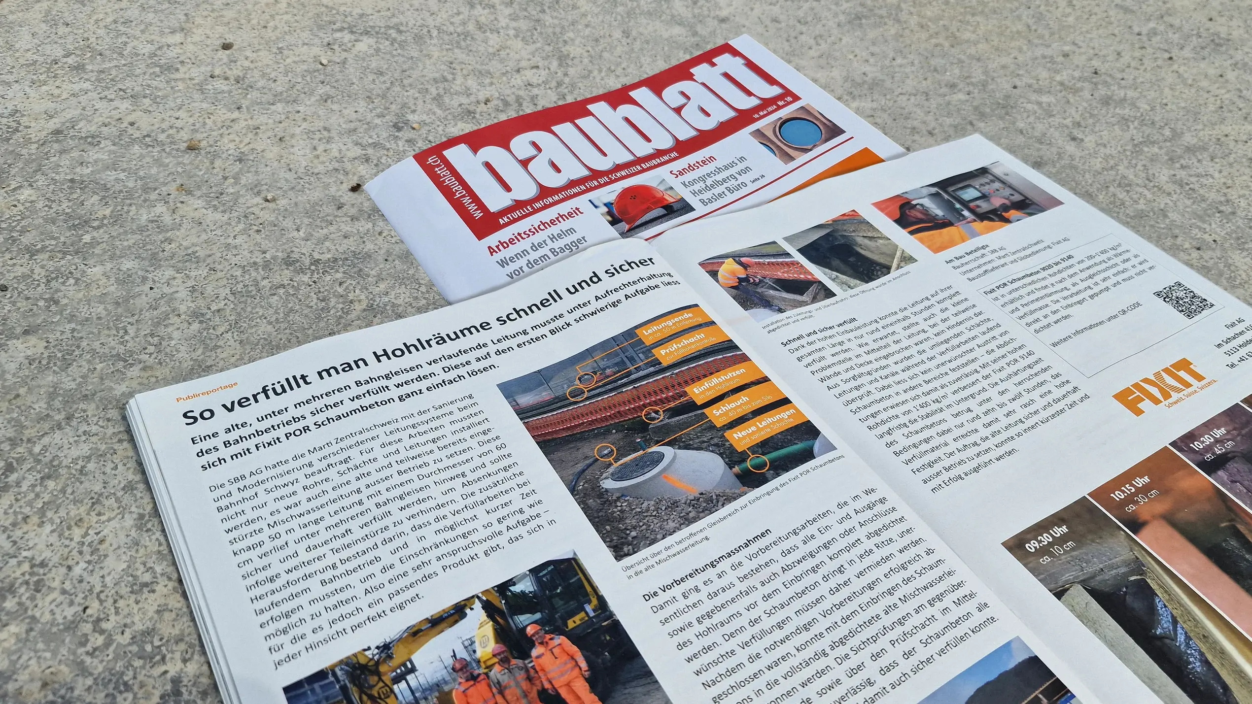 Titelblatt des Magazins "Baublatt" mit dem aufgeschlagenen Artikel zur Fixit POR Leitungsverfüllung am Bahnhof Schwyz