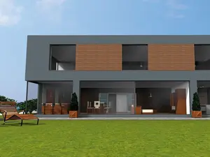 3D-Grafik einer modernen Villa mit Garten