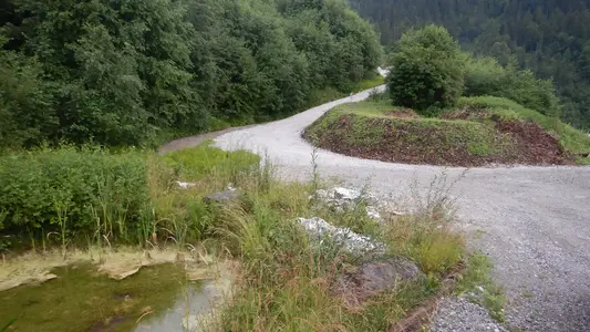 Renaturierter Bereich mit Tümpel und Schotterweg durch den stillgelegten Bereich des Steinbruchs in Ennetmoos