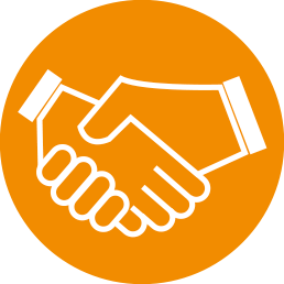 Icon weiss auf orange mit Handschlag