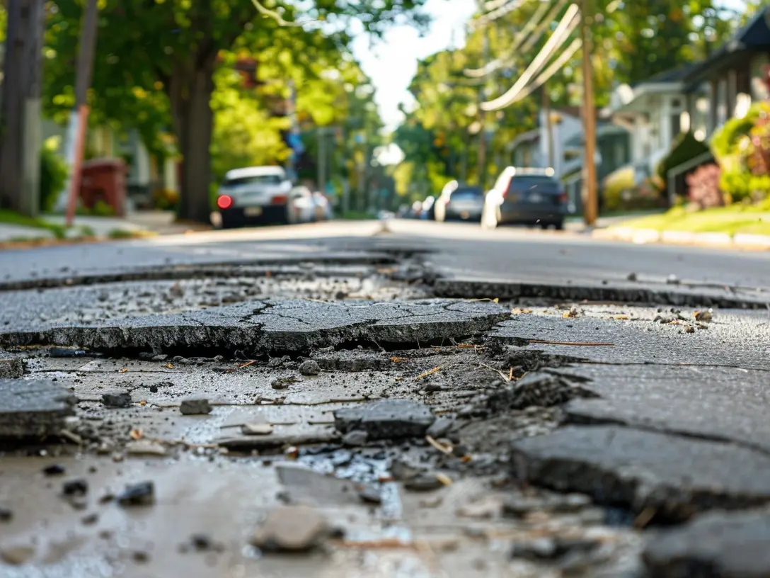 Die Straße in einer Kleinstadt mit erheblichen Schäden