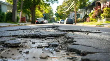 Die Straße in einer Kleinstadt mit erheblichen Schäden