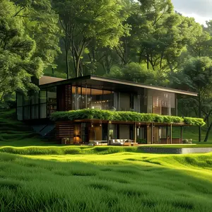 Eine moderne Villa innerhalb eines Waldes mit einer saftig grünen Wiese im Garten