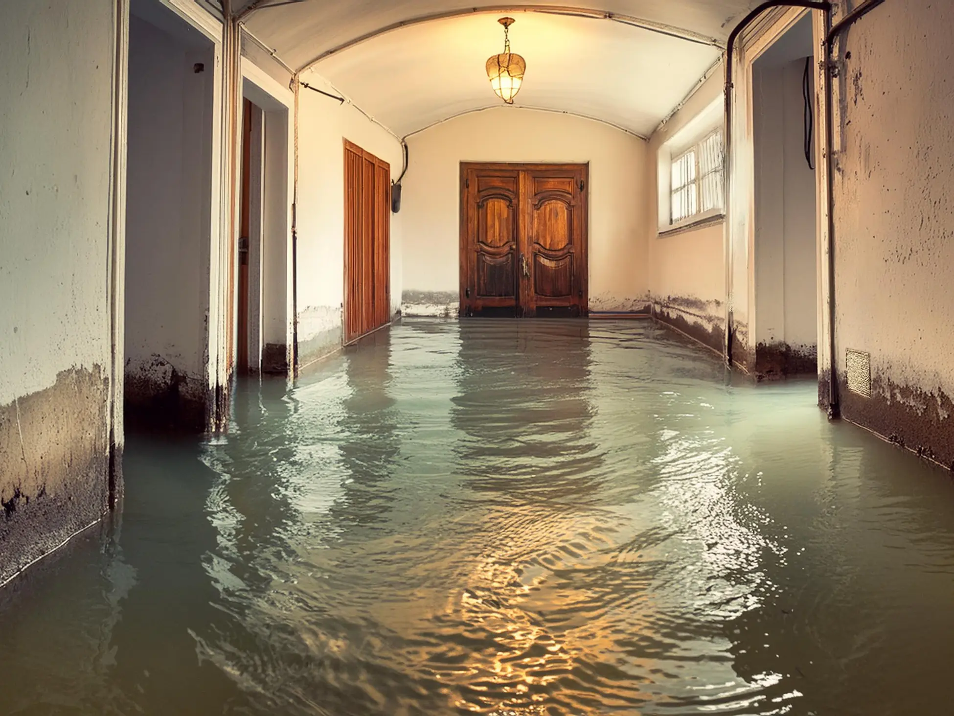 Image générée par IA d'une cave inondée avec des dégâts sur le plâtre