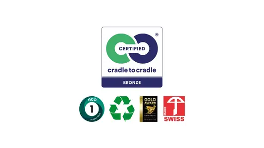 Abbildung alle Zertifizierungsicons für die COMPACT PRO Steinwolle Dämmplatte cradle to cradle bronze, eco1, recyclin, swissmade