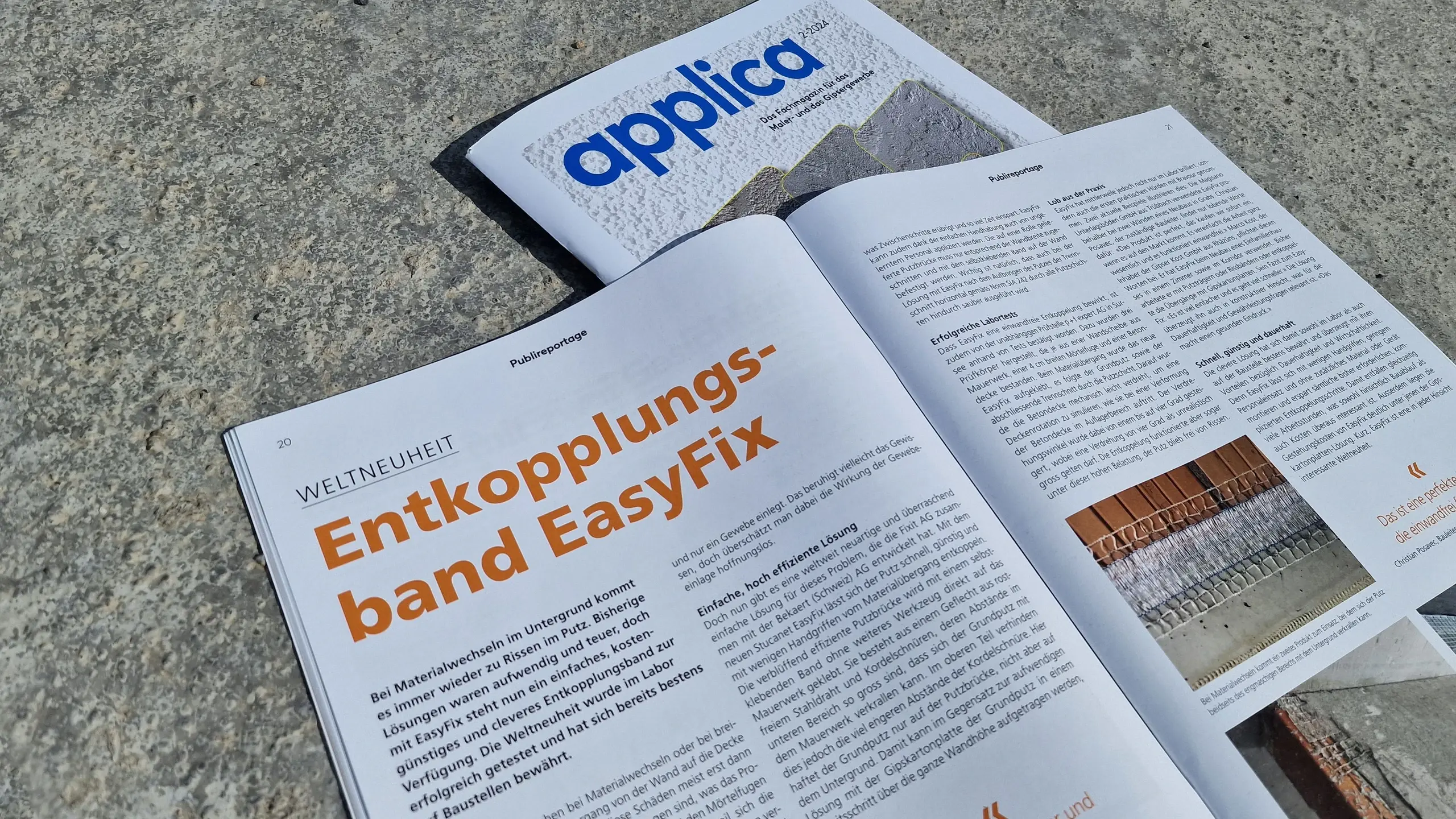 Titelblatt des Magazins "Applica" mit dem aufgeschlagenen Artikel zur Weltneuheit Stucanet® Easy Fix Entkopplungsband